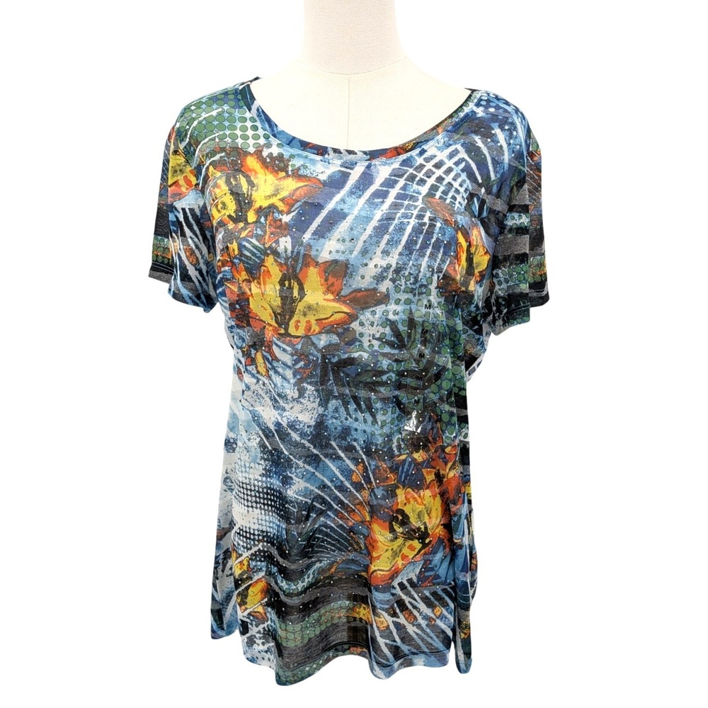 Hannah Abstract Graphic Rhinestone Top Artsy Stretchy Y2K Inspired NWT